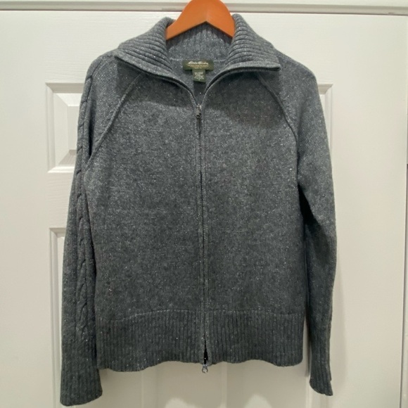 Eddie Bauer Wool Blend Full Zip Mock Neck Sweater, Grey and Silver,  Large - Picture 1 of 7
